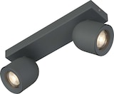 Ein grauer Deckenstrahler mit zwei Lampen.