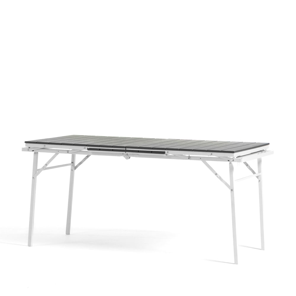 Ausziehbarer rechteckiger Gartentisch, Struktur aus Stahl und Tischplatte aus Polypropylen in Holzoptik, 10 Sitzplätze, klappbar –TOBIA– Weiß/Schiefer