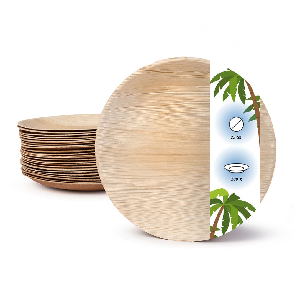 onlyleaf 100 Stück Einwegteller Ø 23cm Palmblatt-Teller, rund, biologisch abbaubar, umweltfreundlich, kompostierbar, wiederverwertbar, Wegwerfteller