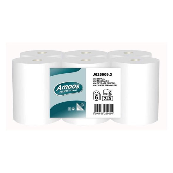 Papel secamanos rollo mini mecha doble capa. Pack 6 uds