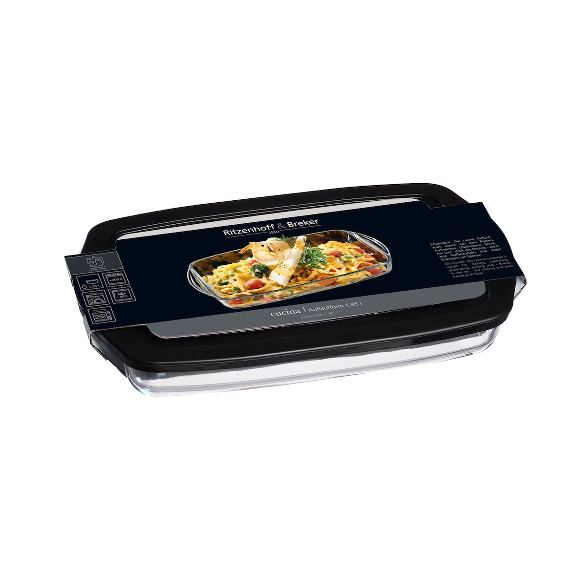 Auflaufform Ofenform 1.95 Liter Glas eckig mit Deckel H 5 x B 20 x L 34 cm