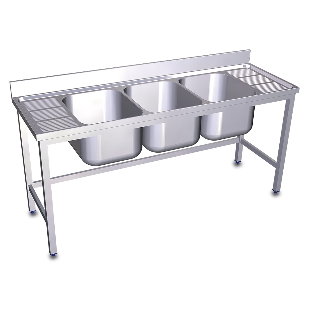 Fregadero con soporte, 3 cubetas y 2 escurridores