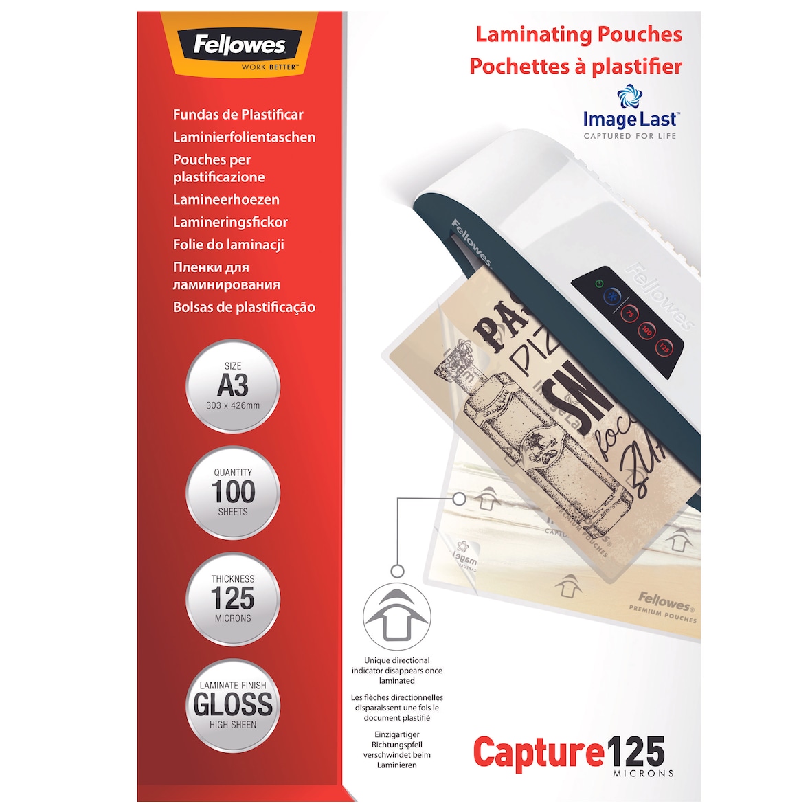 Fellowes fogli plastificatrice A3 Capture125- ImageLast™, buste per plastificatrice formato A3, 125 Micron, confezione da 100 pouches per plastificare