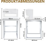 thumbnail of Barhocker Set 2er mit Rückenlehne 91x48x53 cm Weiß+Silber, quadratischer Polstersitz, PU Bezug, Metallbeine, nordischer Stil