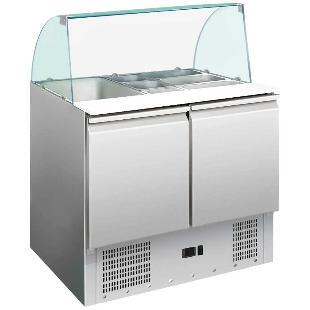Tavolo refrigerato per ingredienti inox 2 porte 176L 900x700mm. Banco frigo per bar, ristorante e ristorazione.