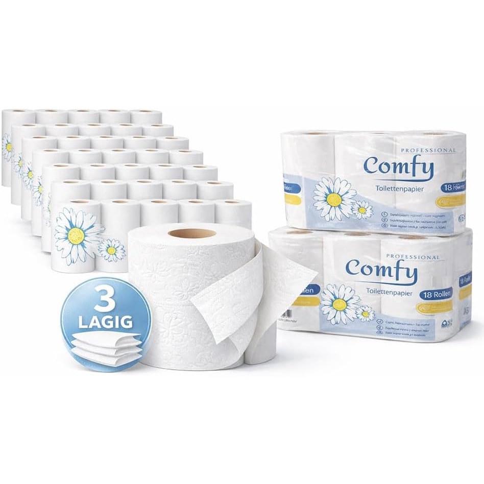 Toilettenpapier 3-lagig – 64 Rollen (8 x 8) 150 Blatt pro Rolle | 100 % reine Zellulose | Weiß