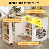 thumbnail of Ausziehbarer Bartisch 205x39x100 cm mit Stauraum Schiebetür Glas Rollen mit Bremsen mit LED-Beleuchtung USB Anschluss Weiß MDF