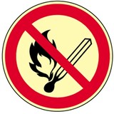 thumbnail of Schild Feuer, offenes Licht u. Rauchen verboten ISO 7010, Alu, nachl., 160-mcd,Ø 200 mm