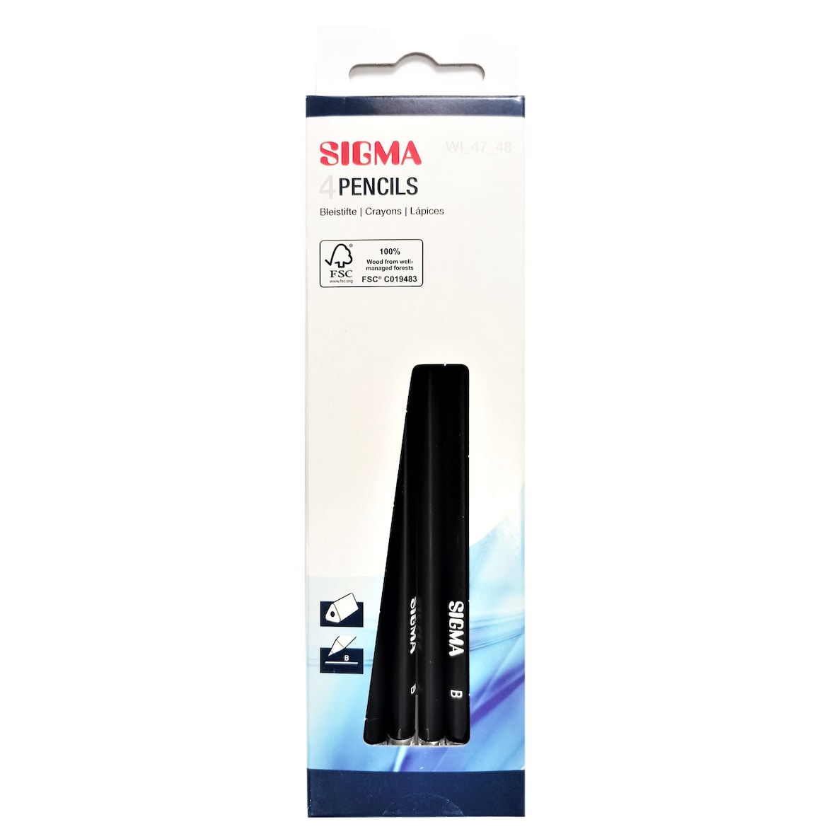 SIGMA Bleistift mit Radiergummi, B Mine, Kunststoff, schwarz, 4 Stück