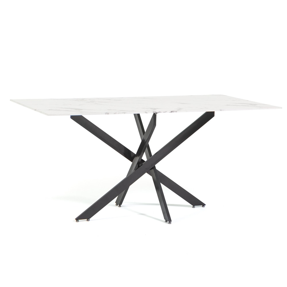 Innentisch 160x90 cm mit gehärteter Glasplatte und Metallbeinen, elegantes Design, ideal für Küche oder Esszimmer–MORGAN–Weißer Marmor/Grau