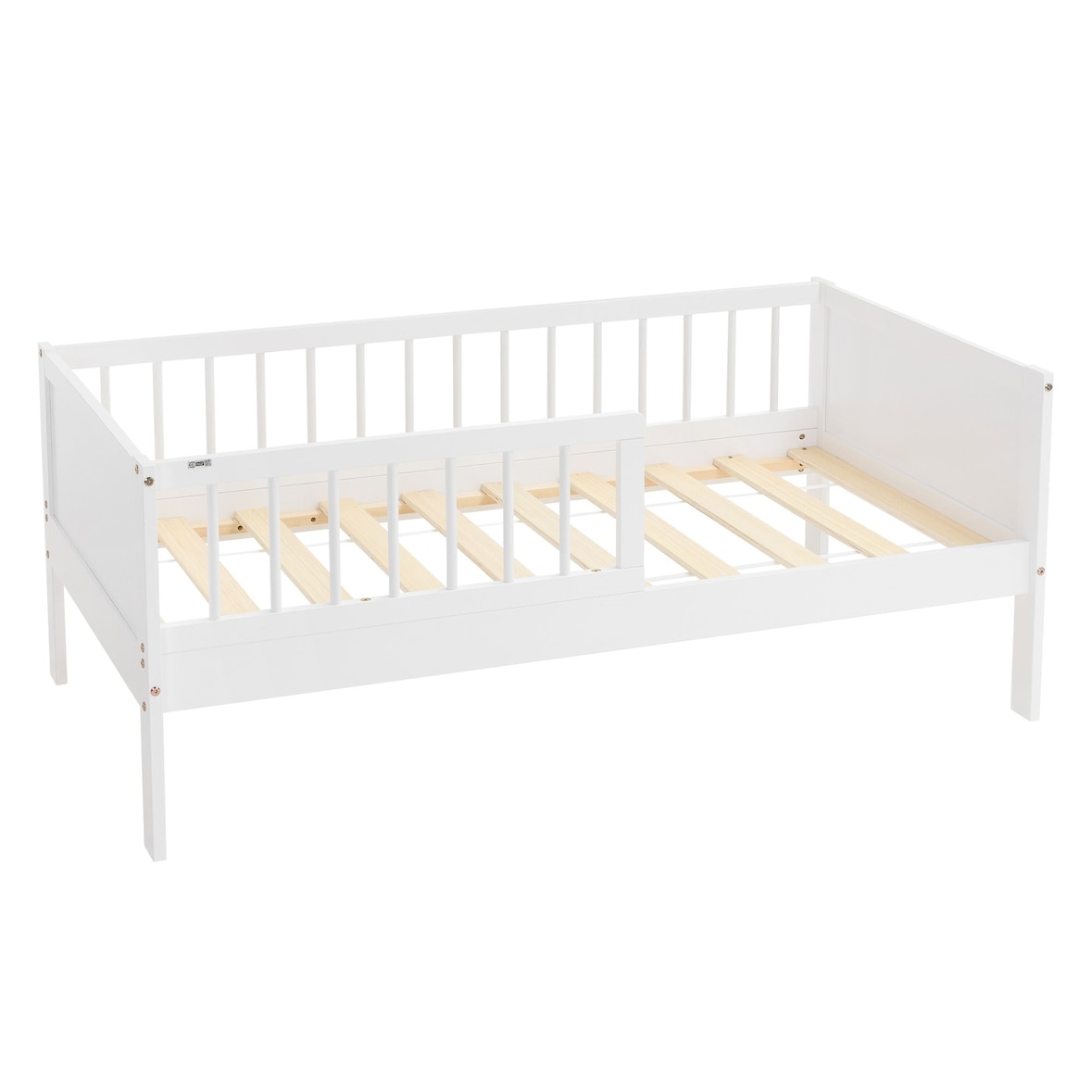 ML-Design Kinderbett 70x140 cm Weiß, Holzbett mit Lattenrost & Rausfallschutz, Jugendbett aus massivem Kiefernholz, Montessori Einzelbett Babybett
