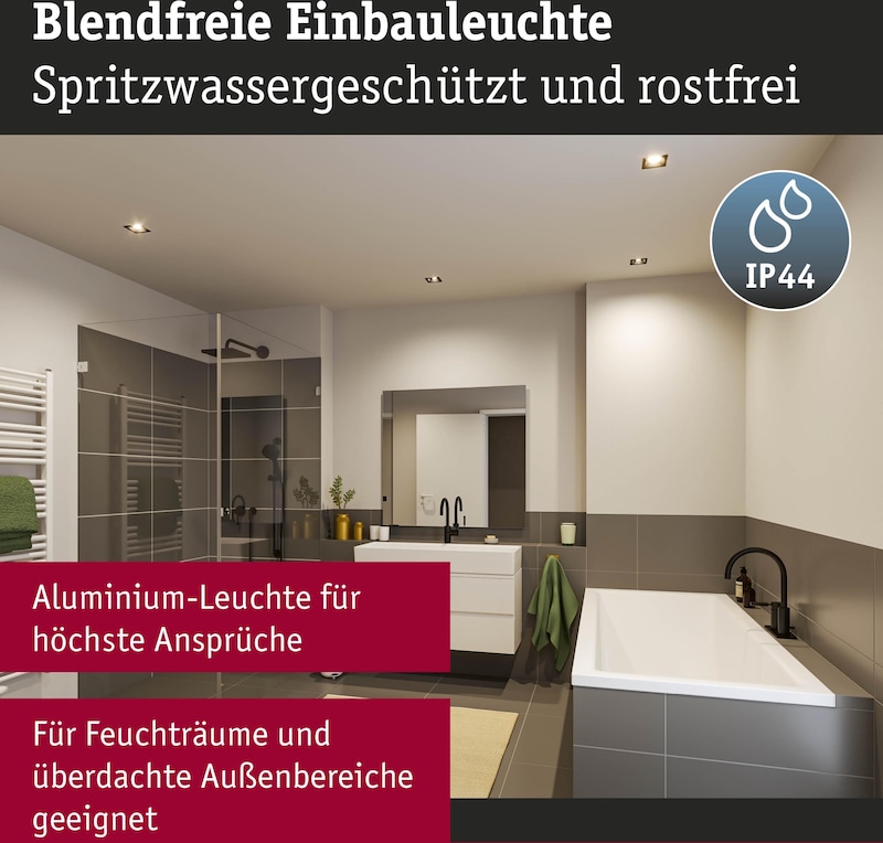 Blendfreie Einbauleuchte, spritzwassergeschützt und rostfrei.