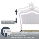 thumbnail of Modernes Polsterbett 90x200 mit LED-Beleuchtung, hydraulischem Stauraum, Muschel-Kopfteil mit Krone, Kunstleder, stabile Holz-Metall-Konstruktion Weiß