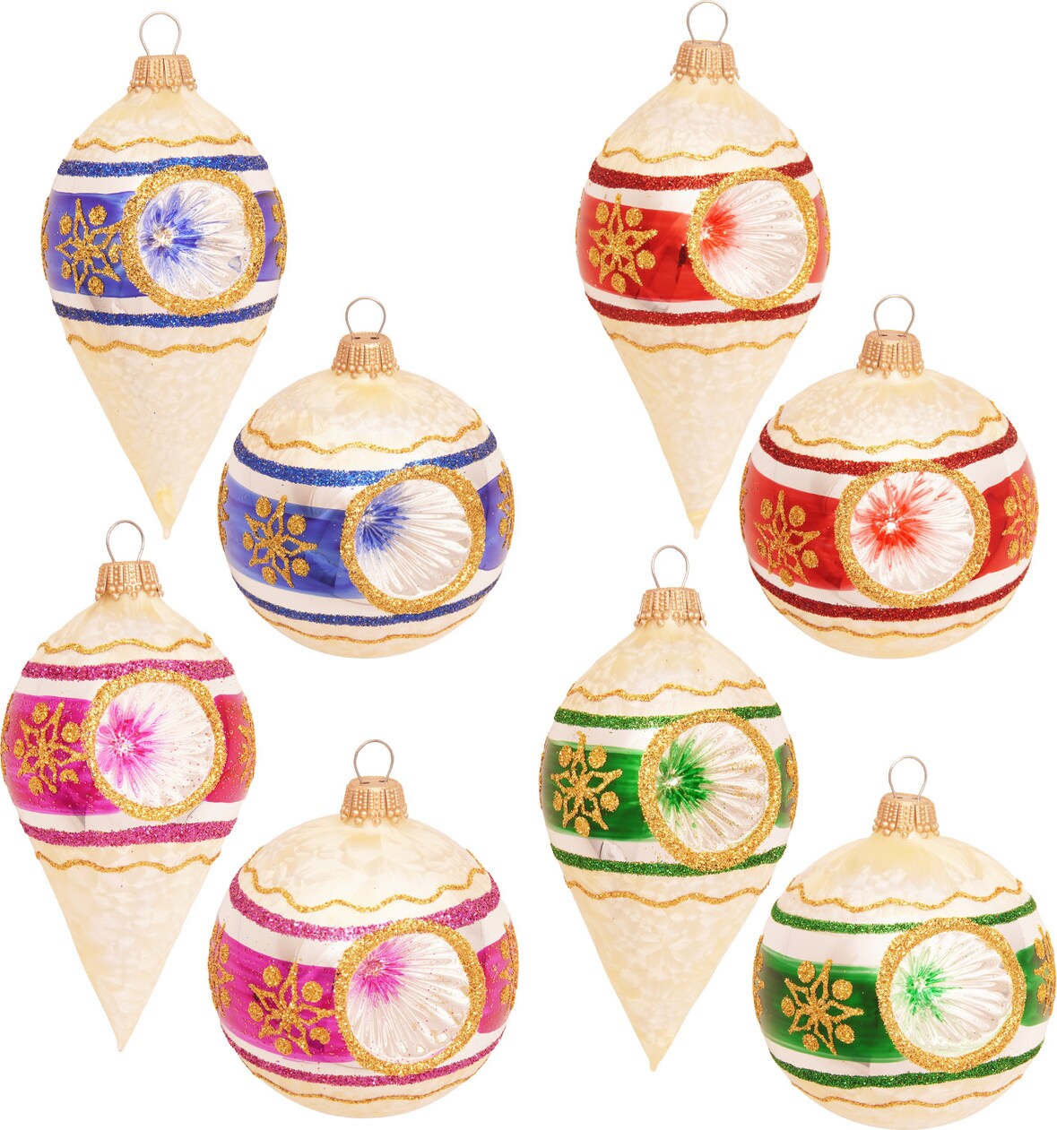Reflexkugeln- & Tropfen, Eislack Champagner, buntes Dekor, 7-10cm