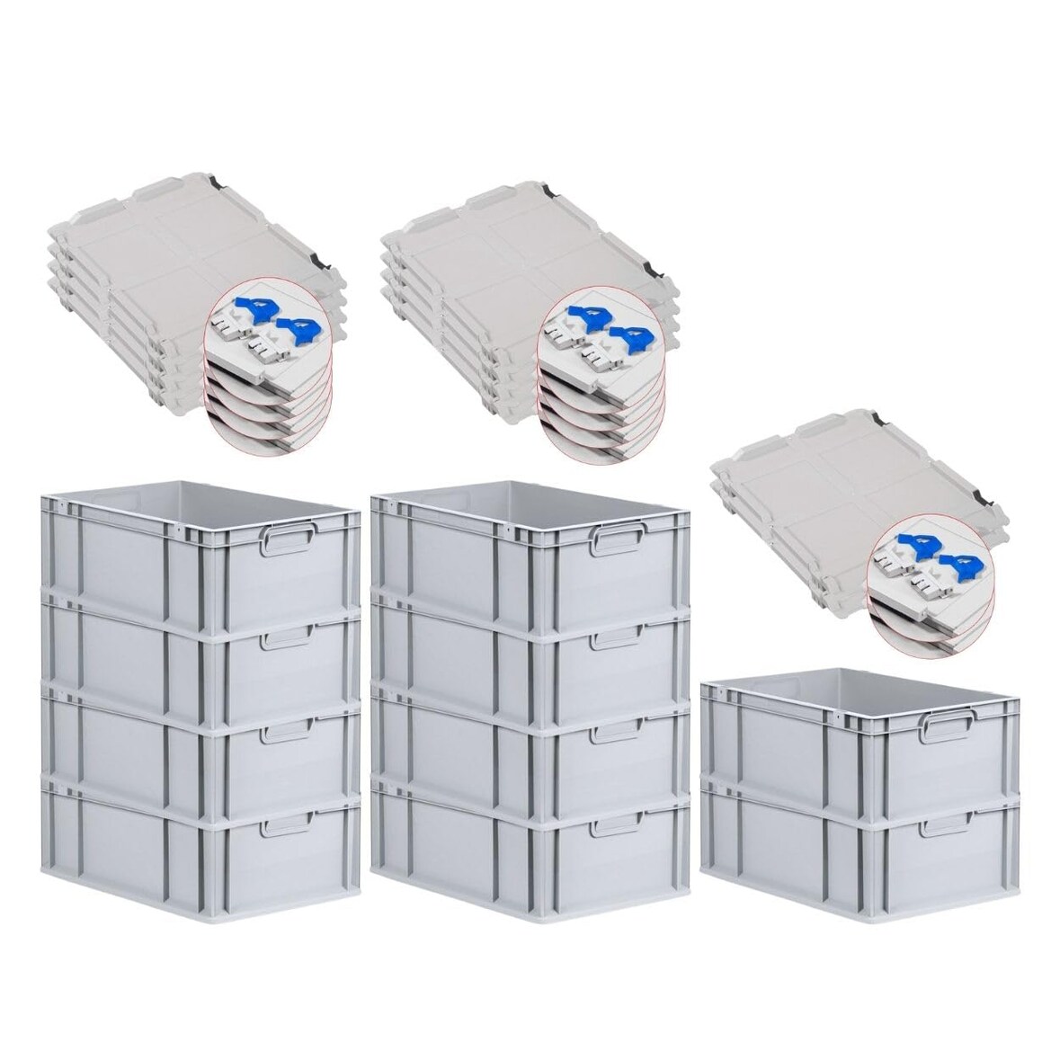 PROREGAL SuperSparSet 10x Eurobox NextGen Economy mit Scharnierdeckel & blauen Verschlüssen, Griffe zu, HxBxT 22x40x60cm, 44L, Eurobehälter, Box
