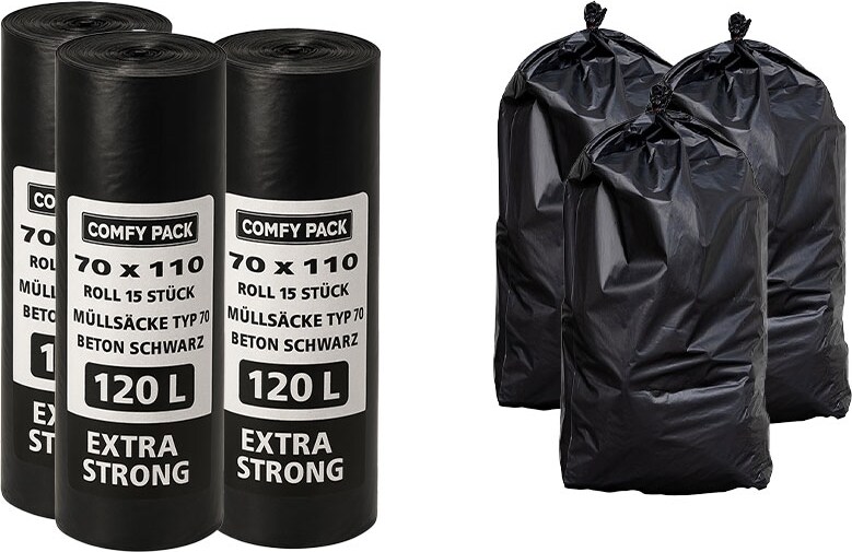 3 Rollen Müllsäcke Typ 70 – 70×110 cm – 120 Liter – Extra Strong – 3 Rollen à 15 Stück (45 Stück) – LDPE – Beton Schwarz – Reißfest & Durchstoßfest
