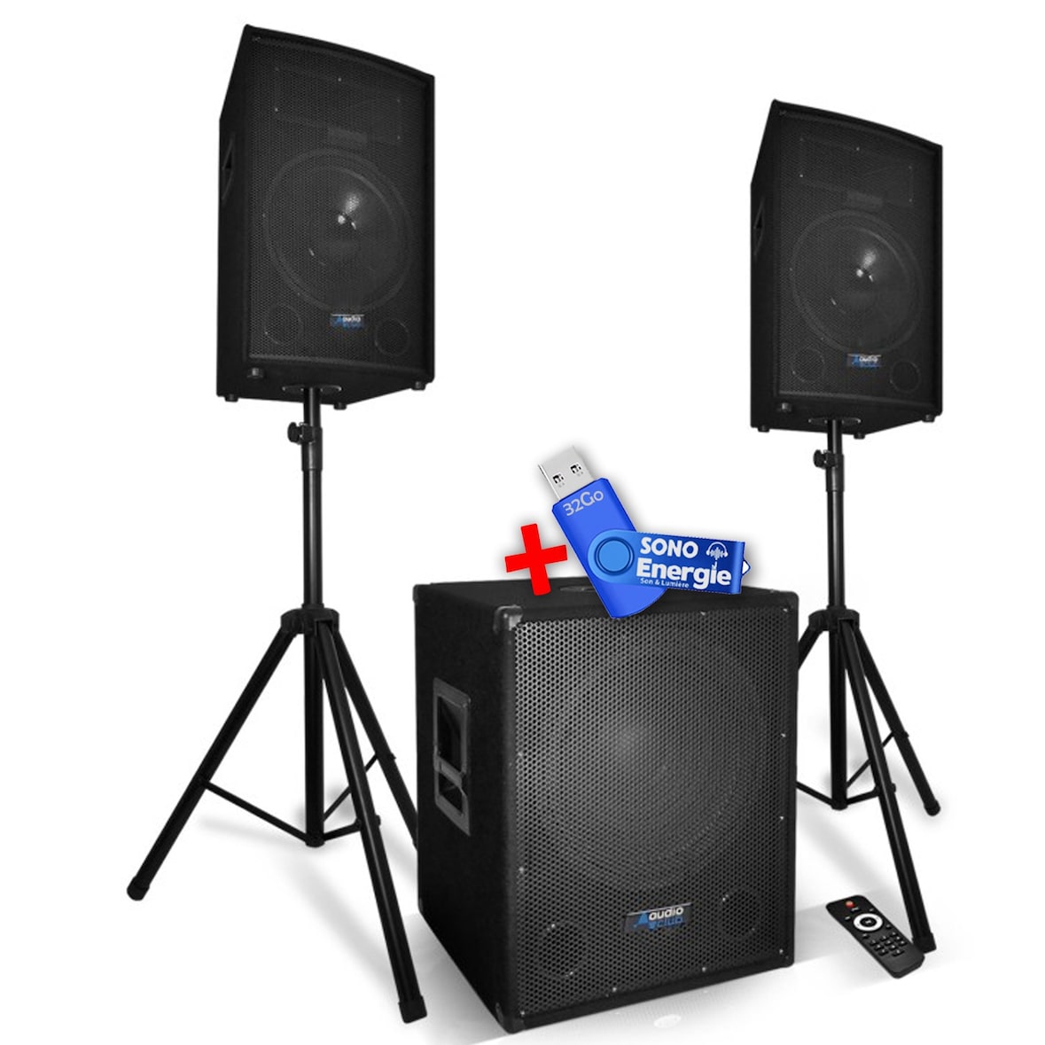 Pack sonorisation 2200W - Enceintes + Caisson + Pieds - USB/BLUETOOTH - BM SONIC BMS1512+ Clé USB 32G