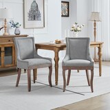 thumbnail of Esszimmerstuhl 2er Set 93x55x46 cm Chenille Grau mit Massivholzbeinen verstellbaren Fußgleitern hohem Rücken und dekorativen Nieten