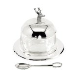 thumbnail of Marmeladenglas Hirsch mit Untersetzer und Löffel, edel versilbert, Höhe 11 cm, ø 14 cm, ø Glas 10 cm