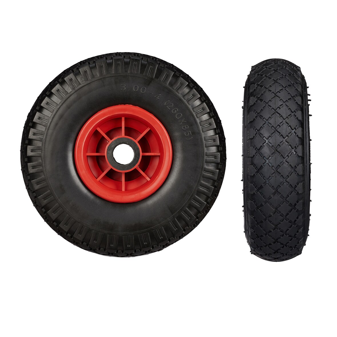 Relaxdays Sackkarrenrad 2er Set, pannensichere 3.00-4" Vollgummireifen, 25mm Achse, bis 80 kg, 260x85 mm, schwarz-rot
