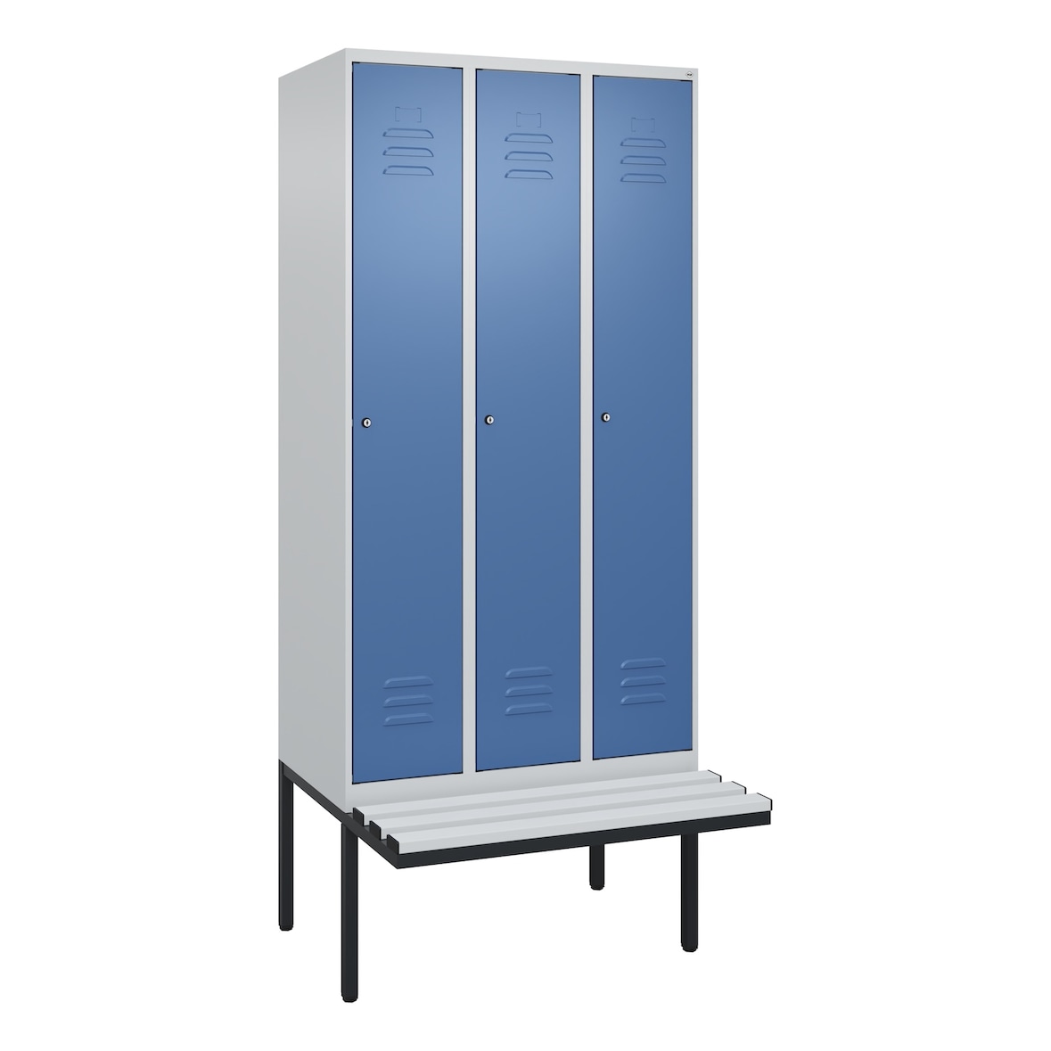 C+P Spind Classic PLUS, Kunststoff schwebende Sitzbank, 3 Abteile, HxBxT 212x90x82cm, Zylinderschloss, Hellgrau/Fernblau von PROREGAL