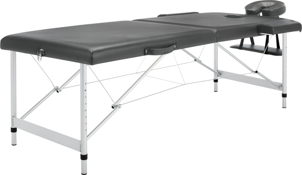 Ein schwarzer Massagetisch mit verstellbarem Kopfteil.