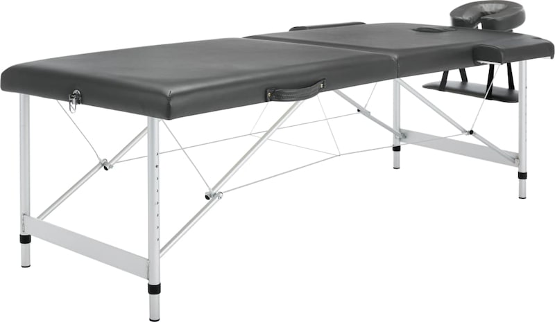 Ein schwarzer Massagetisch mit verstellbarem Kopfteil.