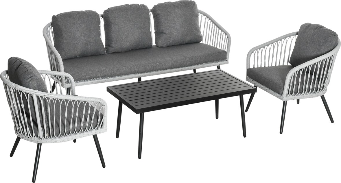 Outsunny Conjunto de Muebles de Ratán para Jardín 4 Piezas Mesa de Café de Aluminio Sofá de 3 Plazas y 2 Sillones con Cojines para Terraza Exterior