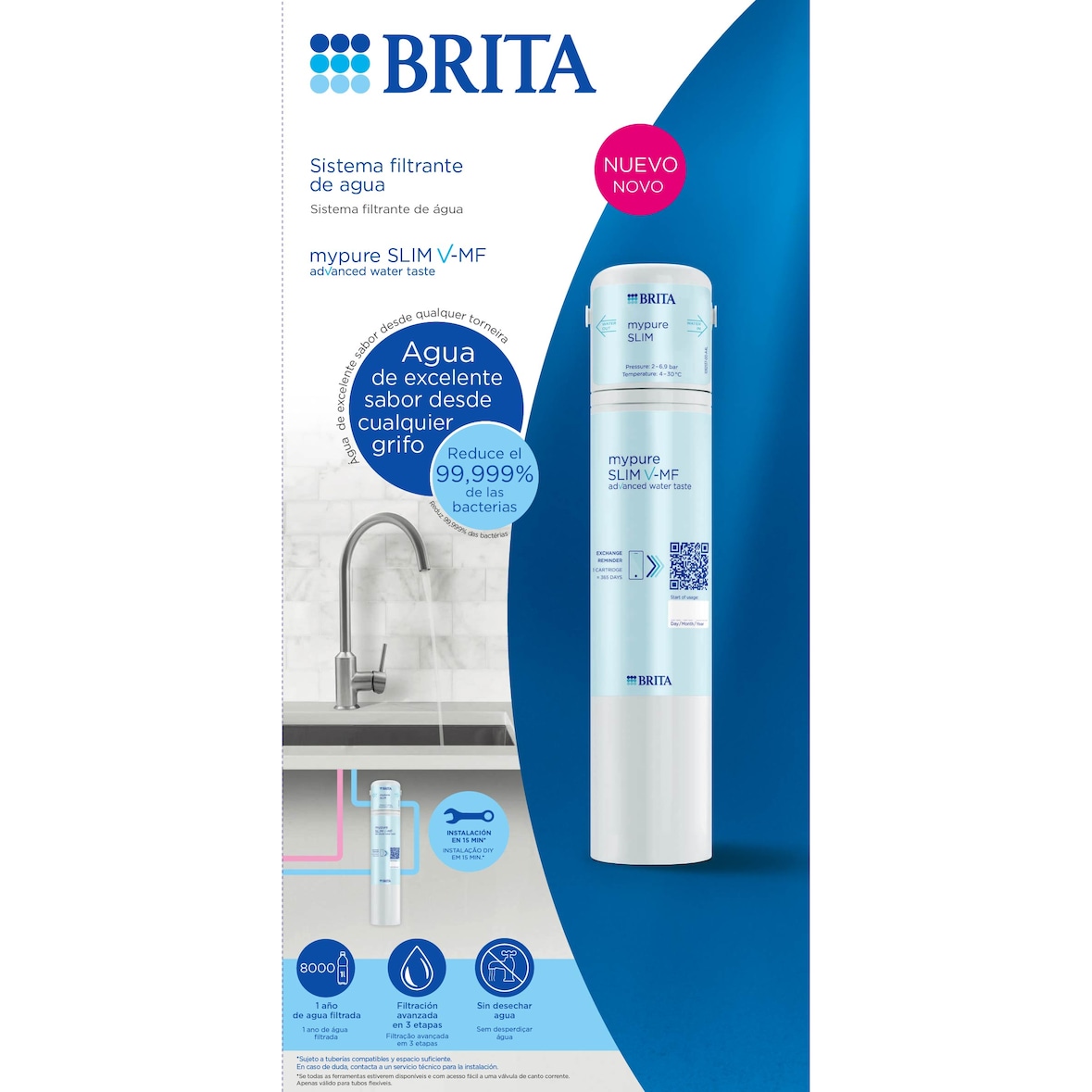 BRITA Sistema de filtrado de agua mypure SLIM V-MF, incluye 1x cartucho de filtro de agua (8000 litros)