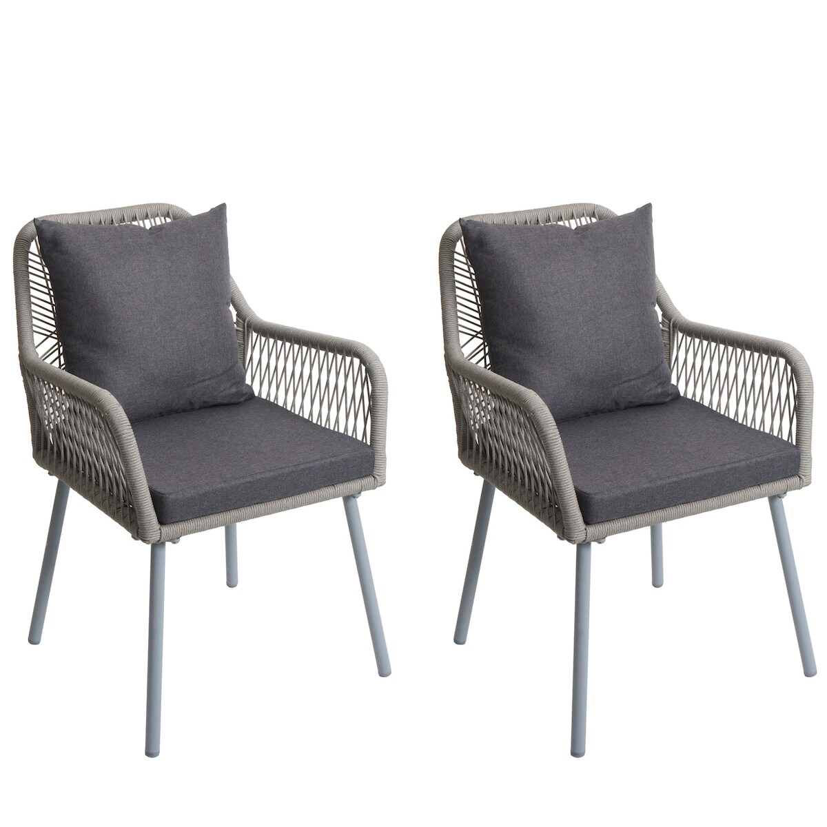 Proregal 2er-Set Gartenstuhl | HxBxT 81x54x62cm | Sitzhöhe 46cm | Outdoor Sitz-/Rückenpolster Aluminium Seilgeflecht Rope | Grau