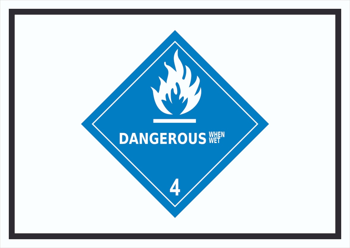 Schild wasserreaktive Stoffe Symbol Dangerous when wet A3 Rückseite selbstklebend