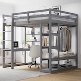 thumbnail of Hochbett 140x200 aus Massivholz mit integriertem Schreibtisch Regalen Stauraum platzsparend Funktionsbett stabile Konstruktion Grau