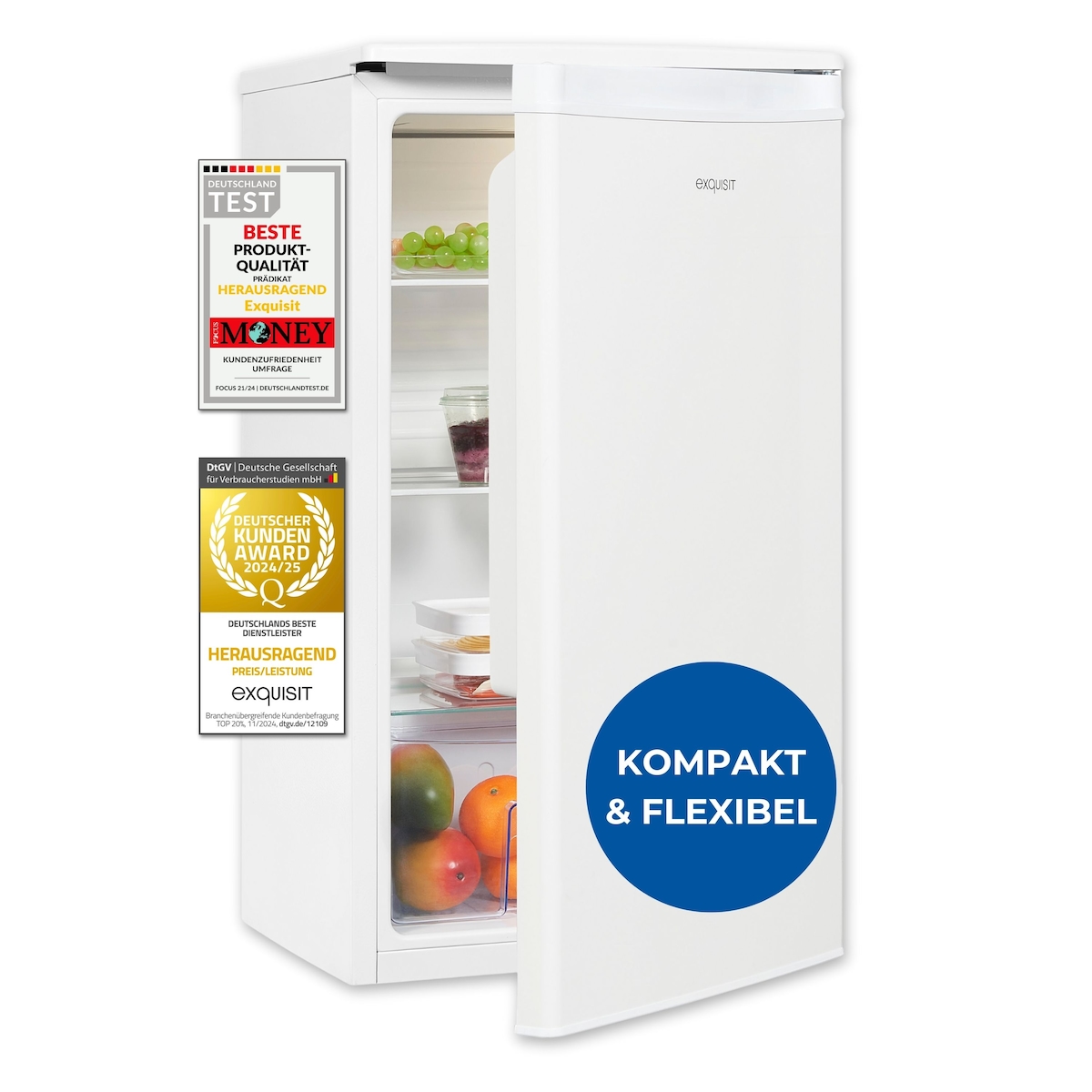 Exquisit Vollraumkühlschrank 75 Liter, Freistehend, Kühlschrank klein und kompakt, 45cm Breit, LED-Innenbeleuchtung, KS585-V-091E weiss