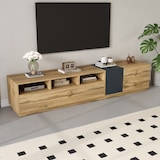 thumbnail of TV-Schrank 200x45x45cm mit 3 offenen Fächern, Klapptür & Seitentüren, modern, robust, Stauraum für Wohnzimmer, Medienmöbel, Holzoptik Schwarzgrau