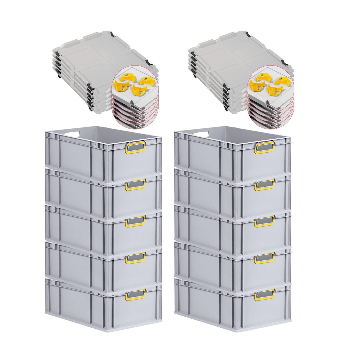 PROREGAL 10x Eurobox NextGen Color mit Auflagedeckel & Schiebeschnappverschlüsse | HxBxT 22x40x60cm | 44L | Griffe gelb offen