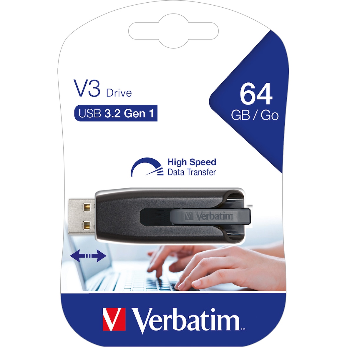 Verbatim USB 3.2 Stick 64GB, V3 Drive, grau Typ-A, (R) 80MB/s, (W) 25MB/s, Retail-Blister