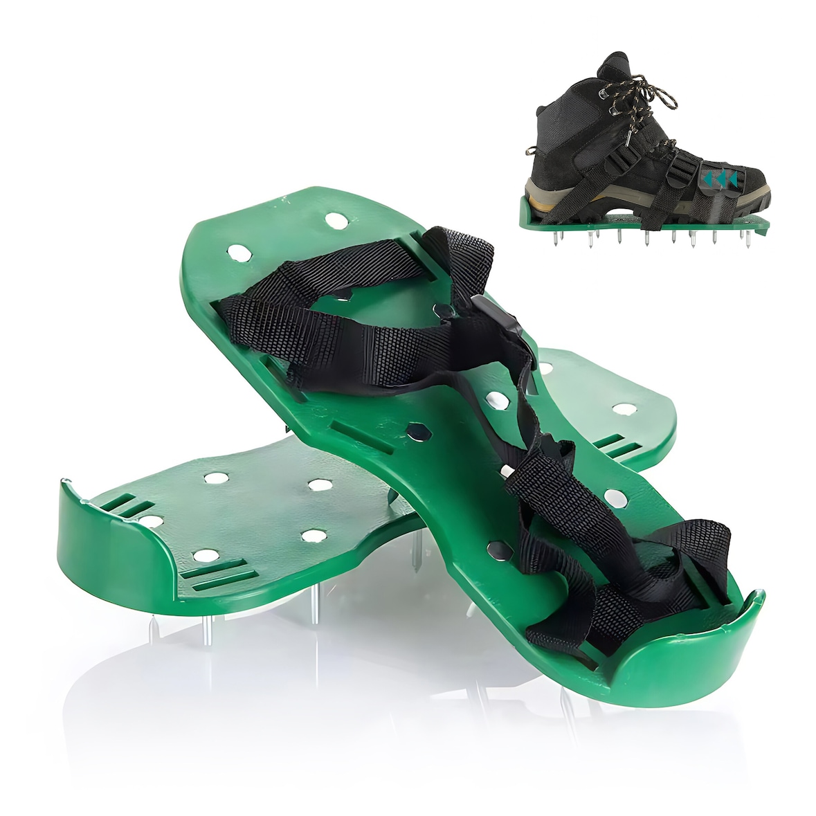 Relaxdays Rasenlüfter Schuhe, je 13 Nägel, Vertikutierer, Nagelschuhe Rasen, Estrichschuhe, BT: 32,5x15 cm, schwarz/grün