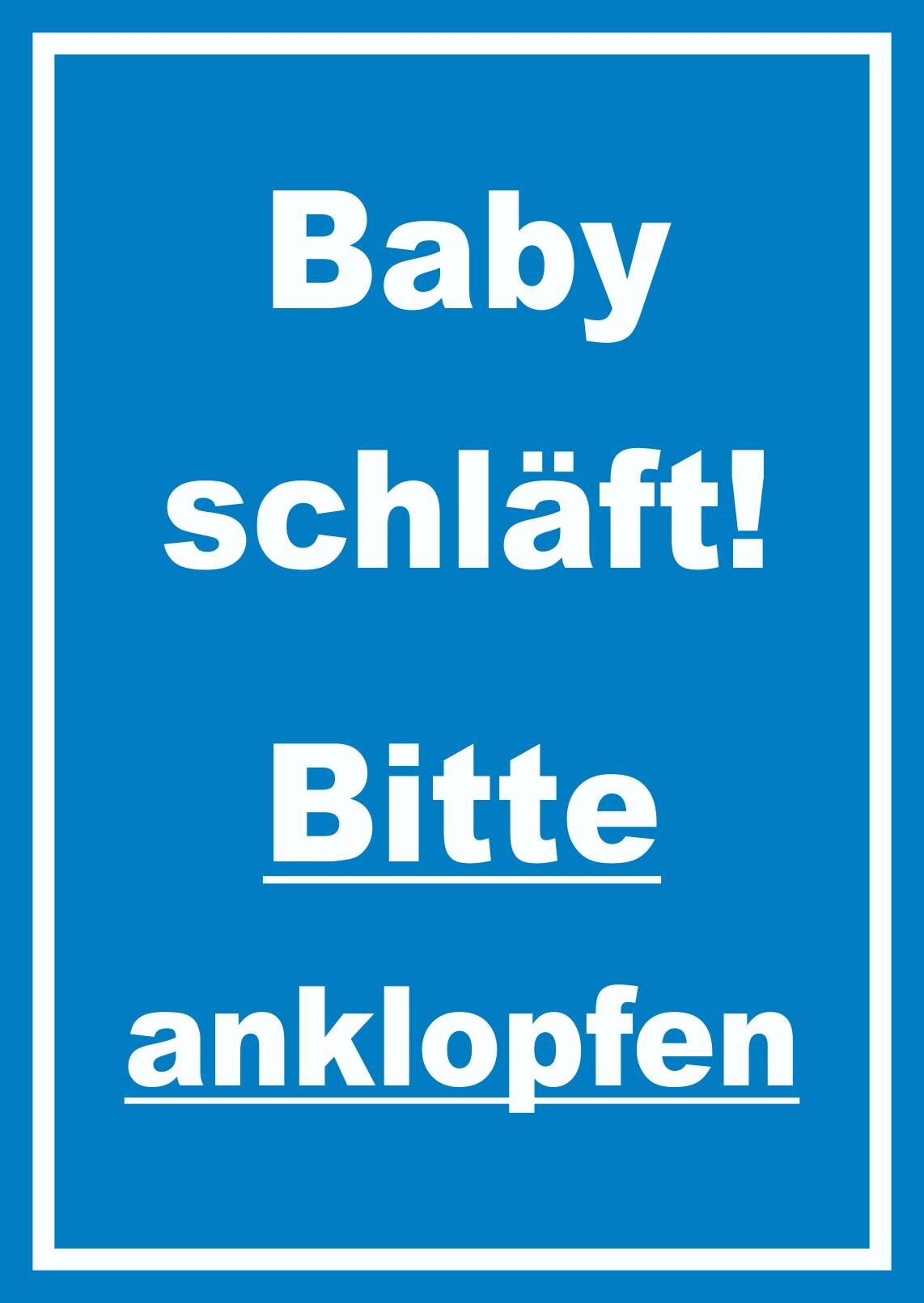 Das Baby schläft Bitte anklopfen Schild mit Text hochkant blau-weiss A5 (148x210mm)