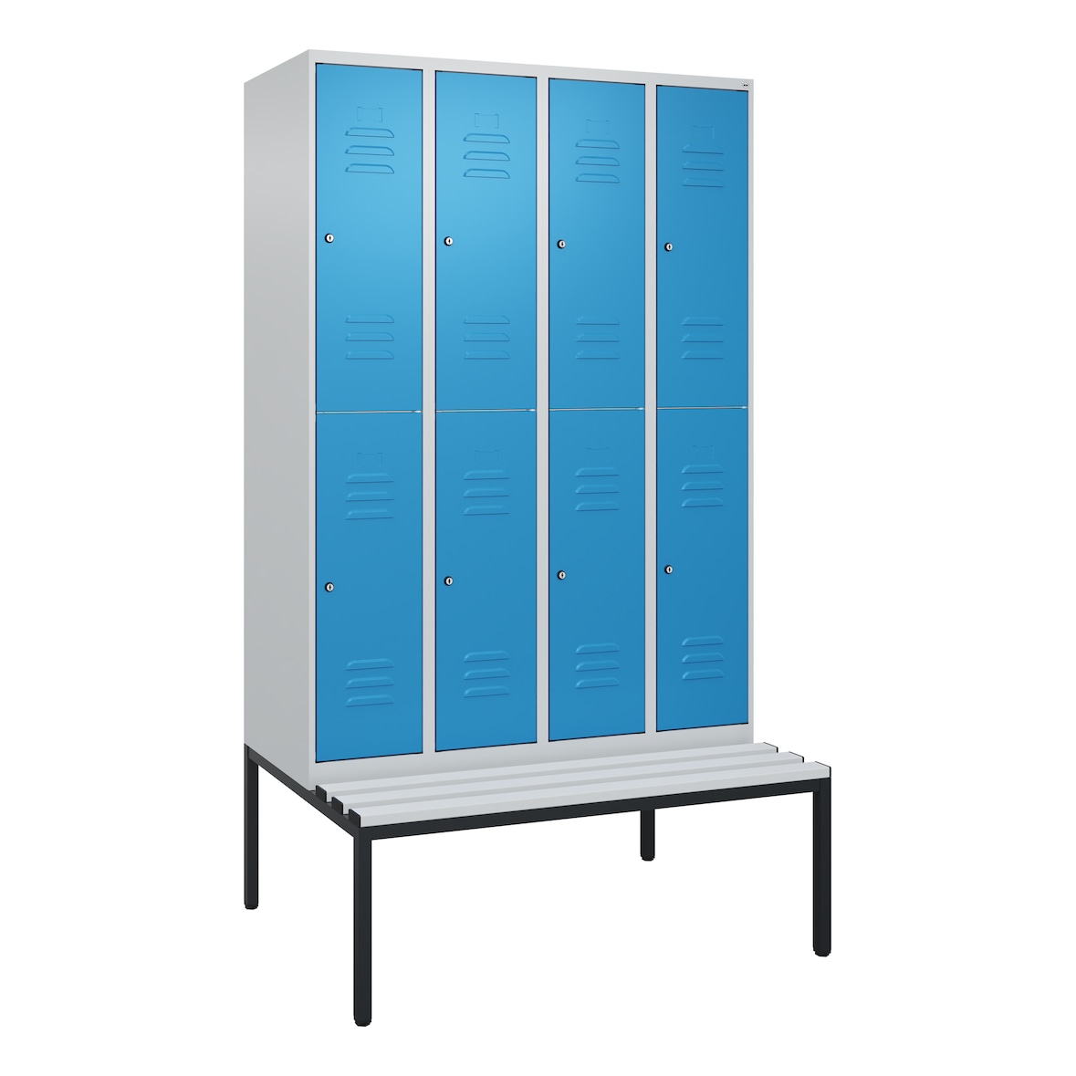 C+P Spind Classic PLUS, Kunststoff untergebaute Sitzbank, 8 Abteile, HxBxT 212x120x82cm, Zylinderschloss, Hellgrau/Lichtblau von PROREGAL