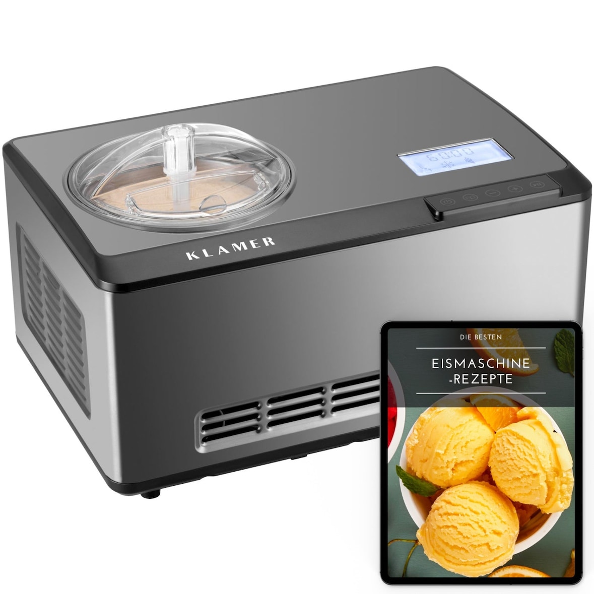 KLAMER 2-in-1 Eismaschine & Joghurtbereiter 2 L, 180 W Eiscrememaschine aus Edelstahl mit Kühl- und Heizfunktion, hausgemachtes Speiseeis mit selbstk…