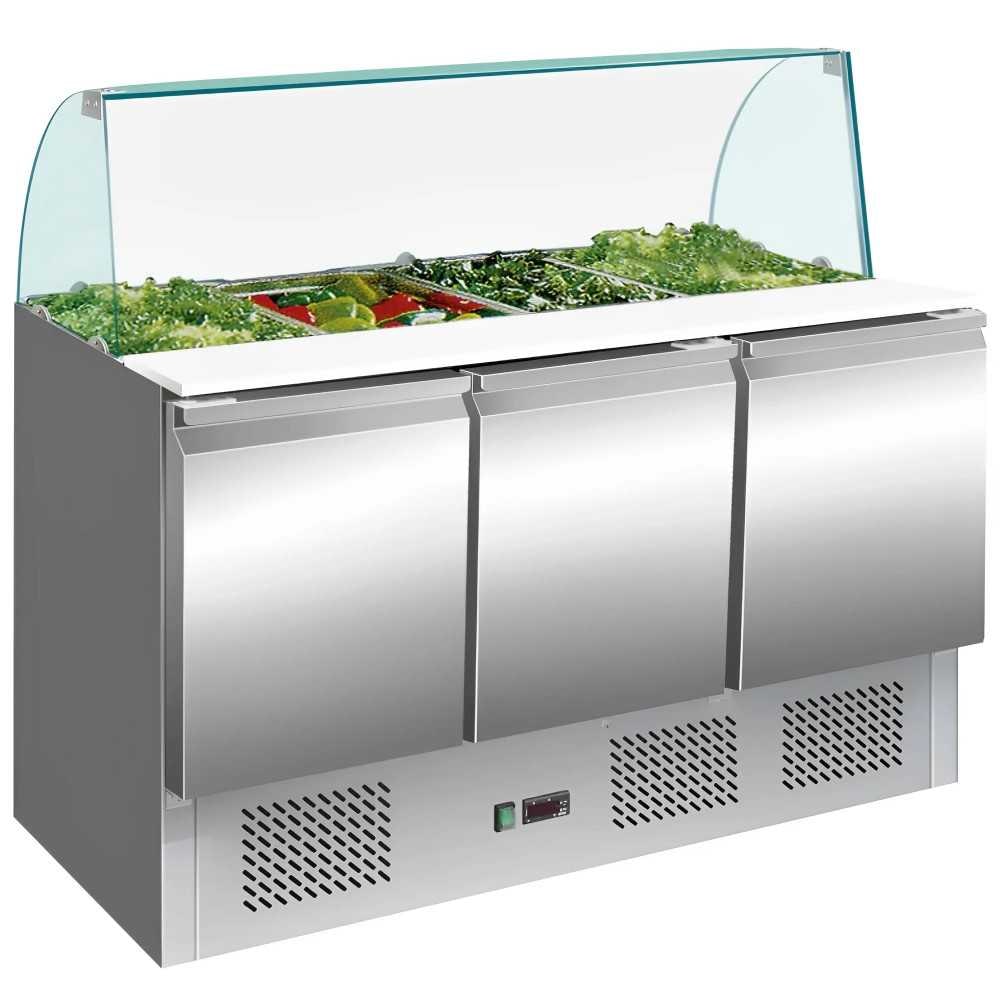 Gekoelde ingrediënten tafel RVS 3 deuren 260L 1365x700mm. Koelwerkbank voor bar, restaurant en horeca.