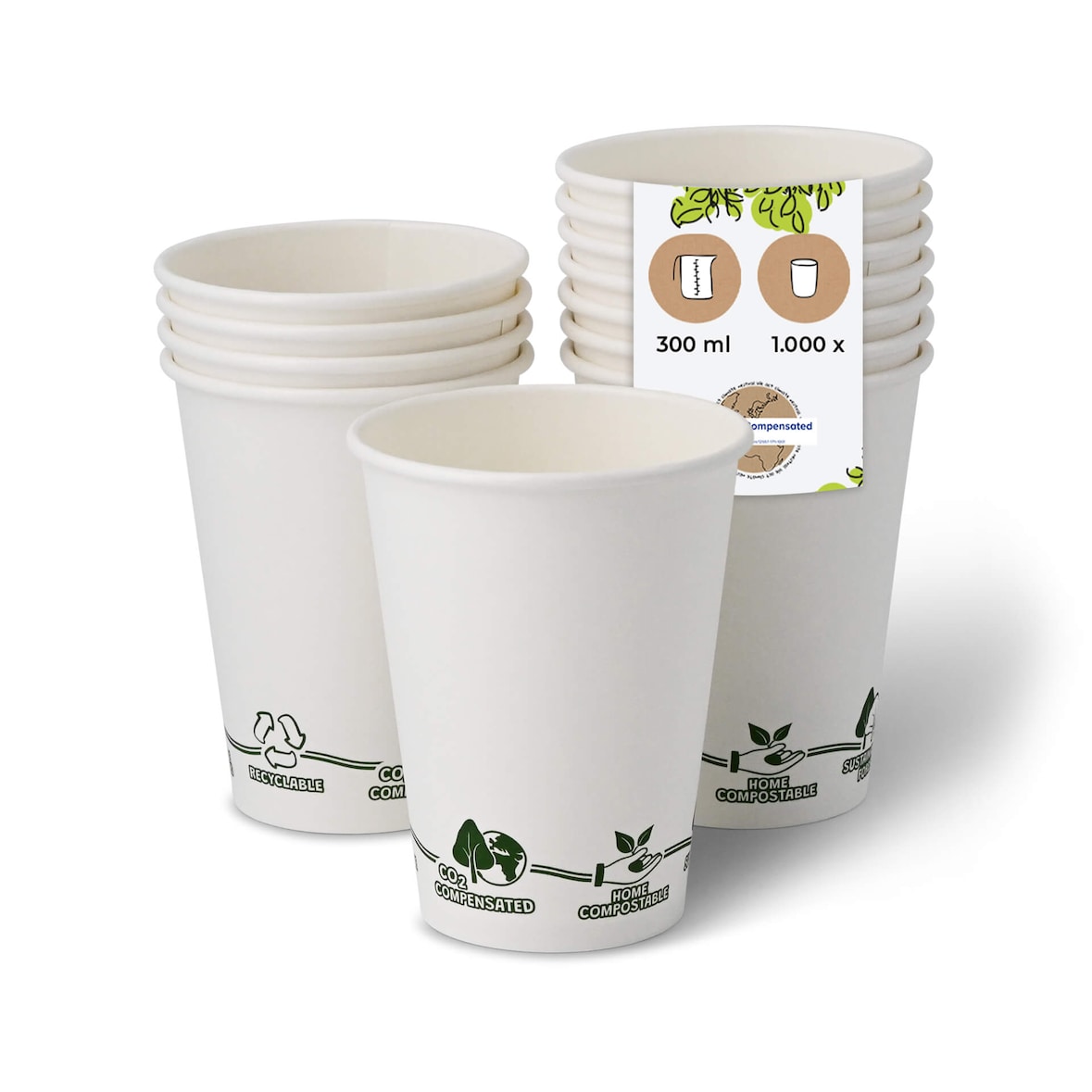 BIOZOYG 1000 Stück Kaffeebecher 300ml / 12oz Einwegbecher Pappbecher weiß mit Bedruckung, kompostierbar nachhaltig Partybecher Trinkbecher Biobecher