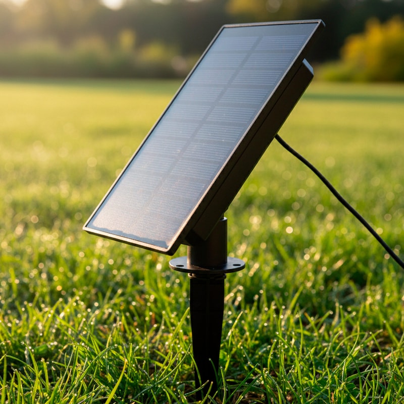 Un panel solar se alza en la hierba.