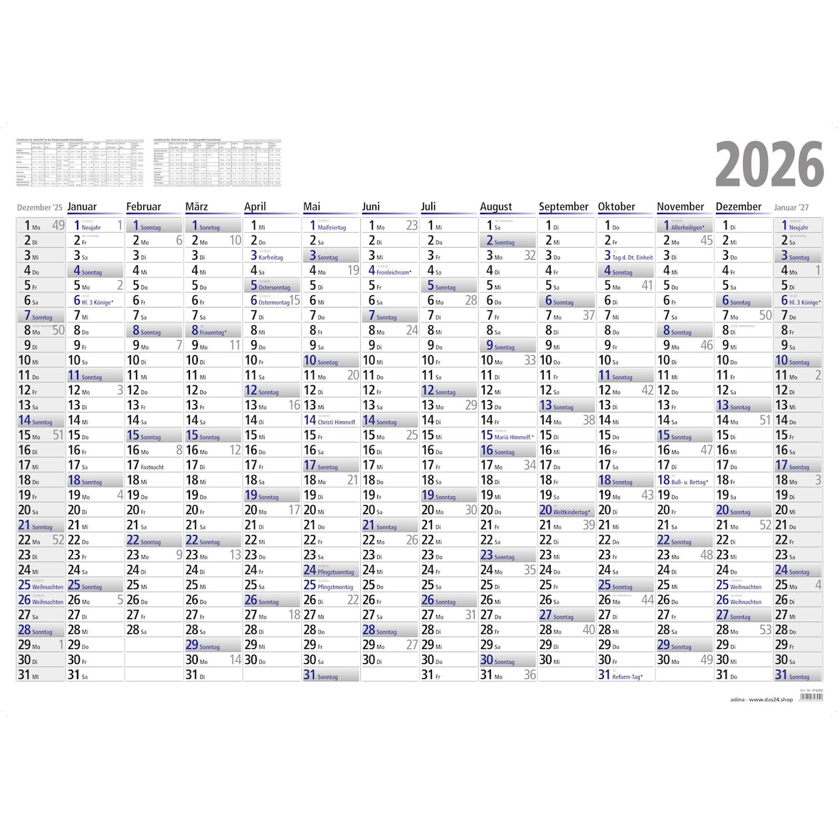 2026 ADINA Plakatkalender Wandkalender A0 119x84cm Lieferung: gefaltet