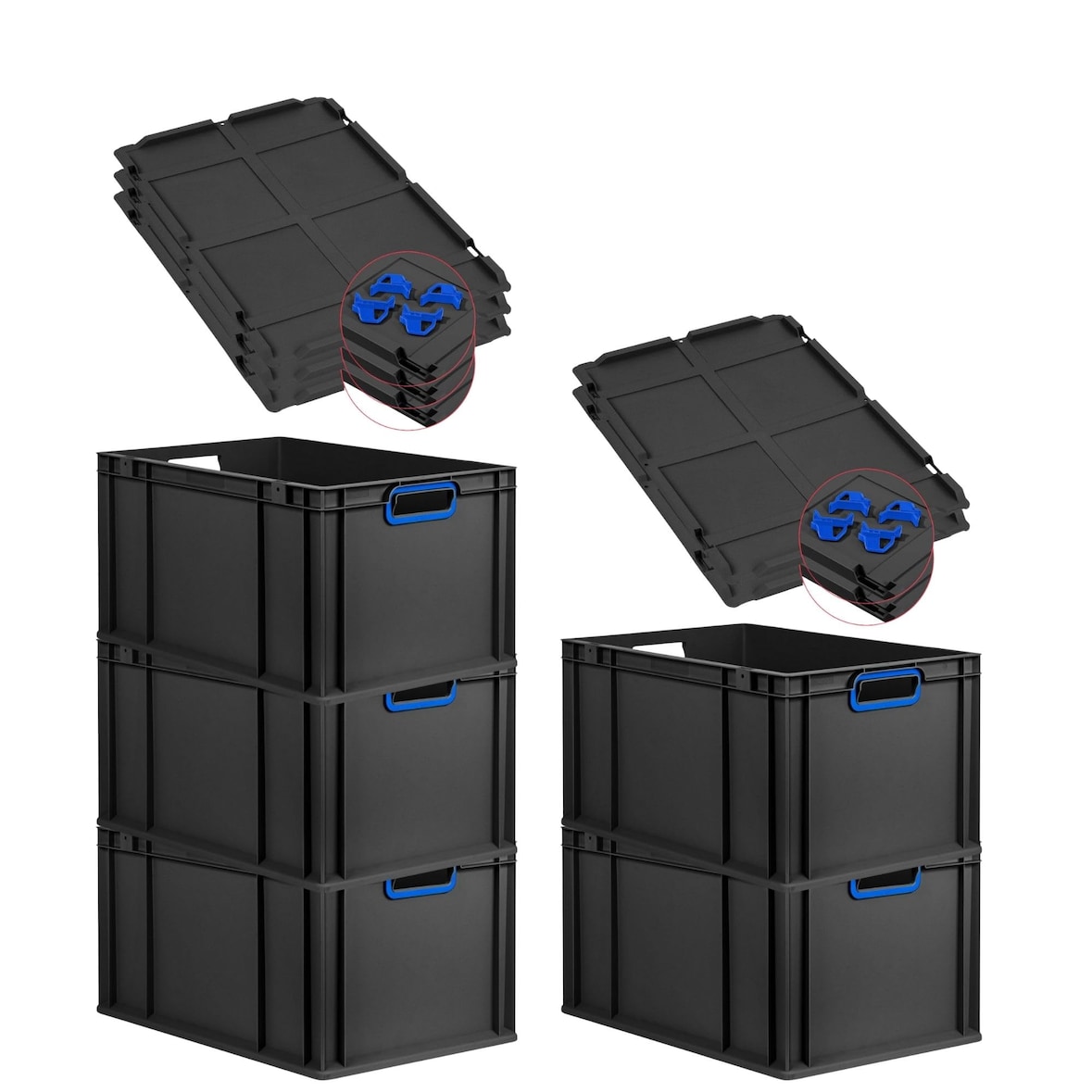 PROREGAL SparSet 5x Eurobox NextGen Color mit Auflagedeckel & Verschlüsse, HxBxT 32x40x60cm, 65L, Schwarz, Griffe blau offen, Eurobehälter