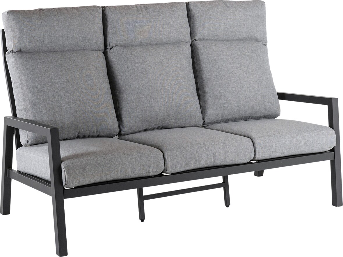 Sofá jardín de aluminio reforzado color antracita, 3 plazas, Cojines color gris, Altura 107 cm