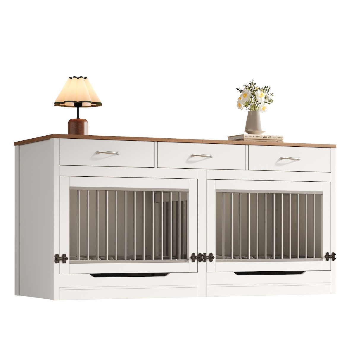 Merax Hundekäfig als Kommode, Möbel-Hundebox für 2 Hunde, mit 3 Schubladen, Klappdeckel & Trennwand, 164x60x81cm, Weiß/Holzoptik