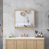 thumbnail of Armario de baño con espejo con 2 puertas y estante ajustable mueble colgante de baño para aseo estilo moderno 48x14,5x45 cm natural