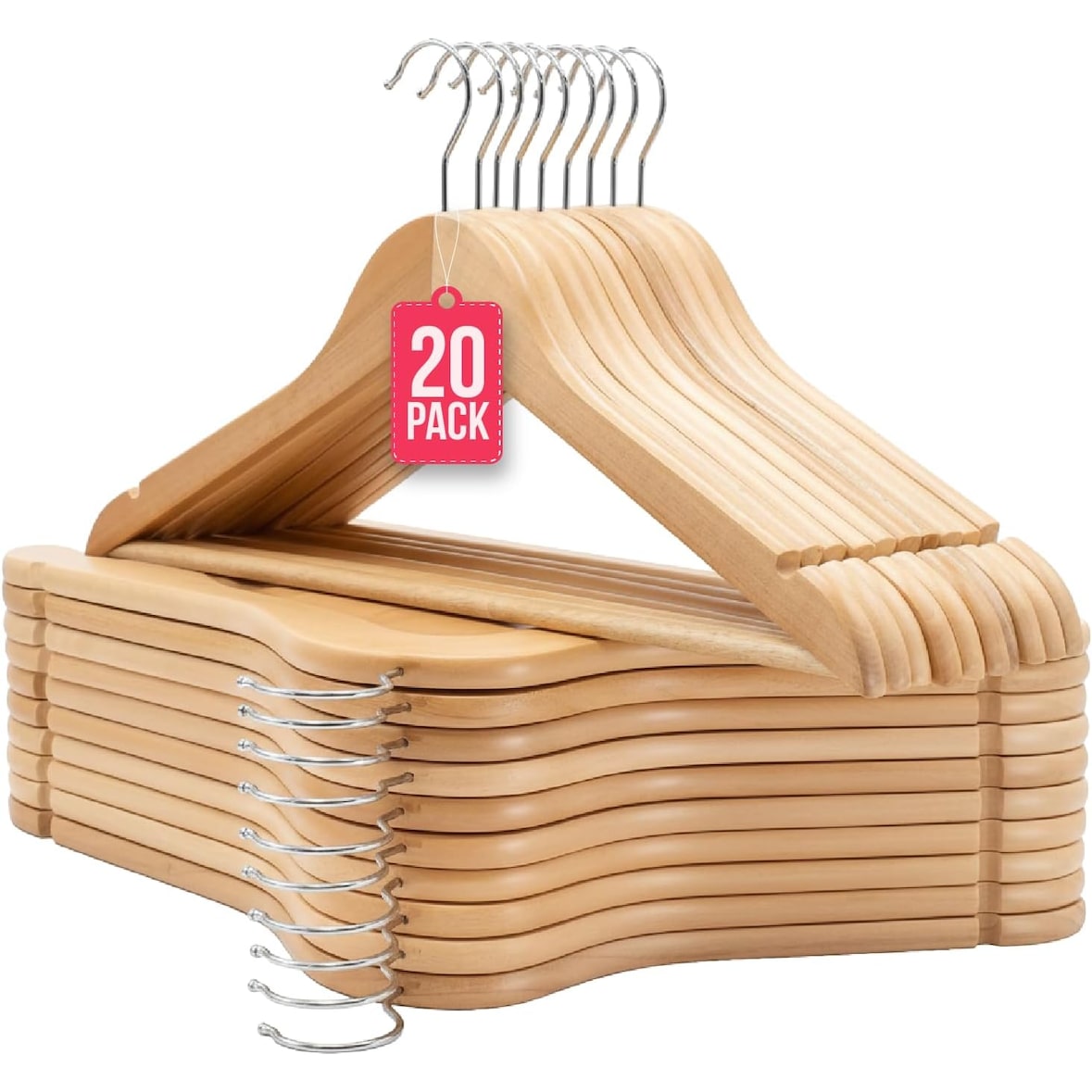 Pack de 20 Perchas de Madera Maciza color natural con Gancho Giratorio 360° y Muescas Antideslizantes - con Barra para Pantalones - Alta Resistencia