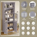 thumbnail of Badezimmer Hochschrank 160x58x29 cm Grau mit Glastür und Holzfront, 4 Türen, 2 offene Ablagen, verstellbare Einlegeböden, lackierte Oberfläche